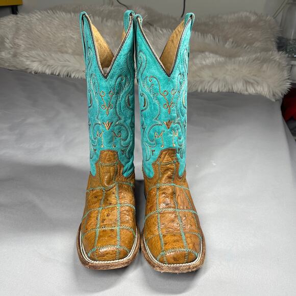Vtg Circle G Boots Womens Sz 8.5M Western Square Toe Turquoise & Brown Cowgirl - Picture 5 of 16